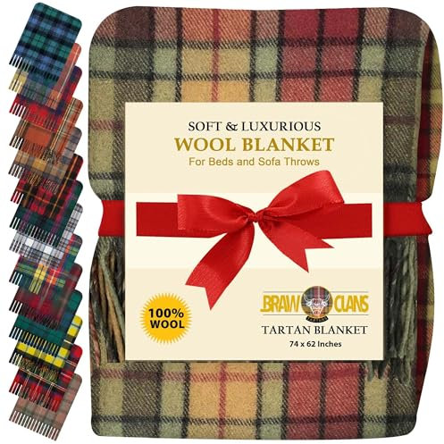 BRAW CLANS TARTANS Decke aus 100 % reiner Wolle, warm, 188 x 157 cm, großes Schottenkaro, Fransen, weich, kariert, gemütlich, Sofa-Überwurf, Camping, Picknick, Reisedecke, Teppich (Buchanan-Herbst)