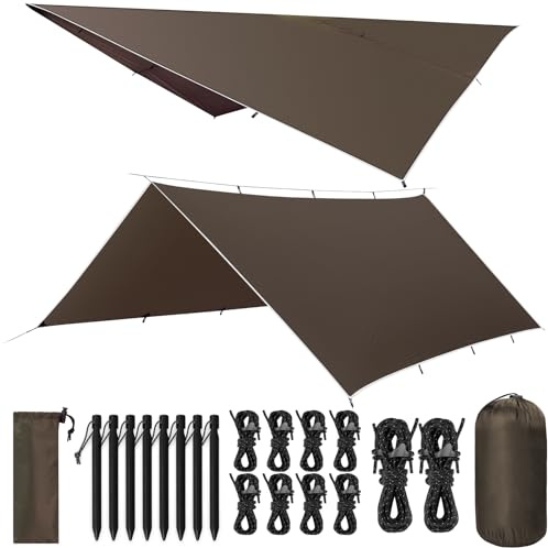 VOSOIR Tarp 3x3/3x5M Wasserdicht, Ultraleicht Camping Zeltplane, Anti-UV Sonnen Regen Schutz Schnee, mit Öse + Aluminiumstifte + Nylonseile, Leicht Kompakt, für Camping Picknick Wandern Hängematte