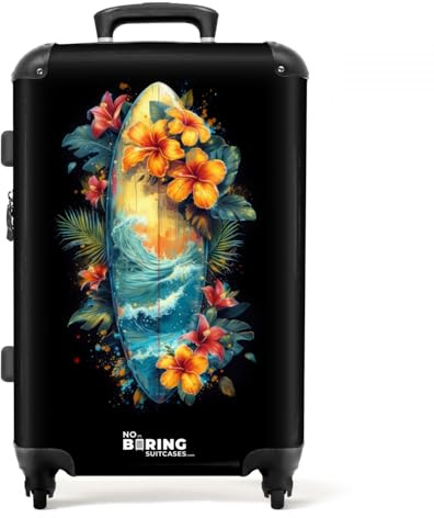 NoBoringSuitcases.com Valise Soute 23kg, Grande Taille Rigide, Serrure TSA, Taille M (67cm - 72L), Motif Planche de Surf - Fleurs
