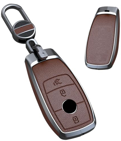 TECART Aluminiumlegierung Autoschlüssel Hülle Cover Passt für Mercedes Benz A C E S G Klasse GLC CLE CLA W177 W205 W213 AMG Schlüsselcover Zubehör Schlüsselanhänger 3 Taste Braun A