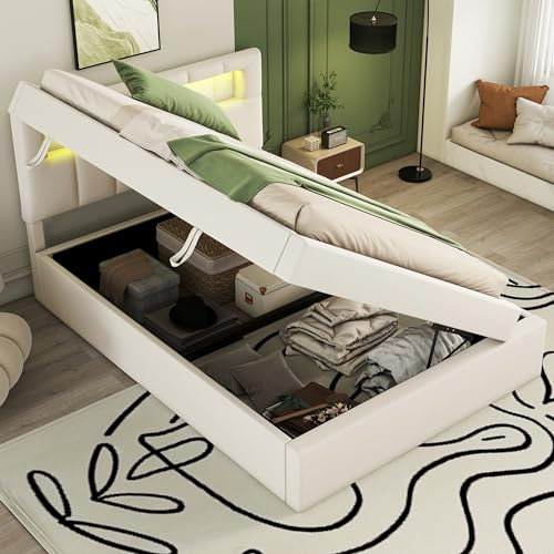 Boxspringbett mit Bettkästen und LED-Beleuchtung, 90x200 cm Polsterbett Einzelbett, Bett mit Stauraum, Lattenrost & Kopfteil, Stauraumbett Jugendbett Rückenlehne Bettgestell, Beige, Ohne Matratze