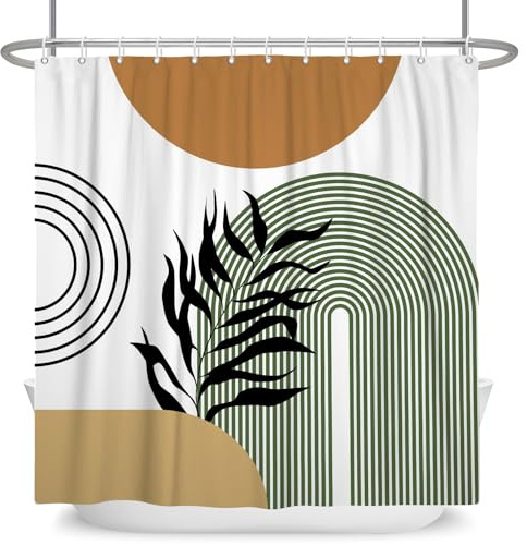 ASDCXZ Boho Duschvorhang 90x180 cm, Modern Abstrakt Braun Sonne Schwarz Blätter Grün Bogen Waschbar Duschvorhänge Polyester Textil Wasserdicht Anti-Schimmel Duschvorhang für Badewanne mit 6 Haken