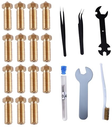 15 PCS 3D Drucker Düsen Set M6, Volcano Nozzle 3D Drucker Düse Set, Messing düsen+Reinigung Werkzeuge Kit, Volcano Düse Messing 0,4mm Durchmesser für E3D Volcano Hotend und Artillery Sidewinder X1