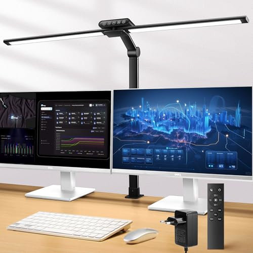 Schreibtischlampe Led, Doppelkopf Klemmbar Monitor Lampe, 1800LM Led Tageslichtlampe, 5 Farbtemperatur-Helligkeitsstufen Nachttischlampe, Tischlampe mit Fernbedienung, Tageslichtlampe für Heimbüro