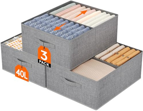 Lifewit Groß 3er Set Aufbewahrungsboxen, faltbarer Kleiderschrank Aufbewahrungskorb mit EntfernbareTrennwand, Aufbewahrungsschublade aus Stoff mit Griff für Kleidung, Hosen, Socken, 50 x 40 x 20 cm