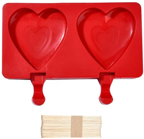 Stiesy 2 pièces moules en silicone cœur rouge moules en silicone sucette forme cœur d'amour sucettes glacées qualité alimentaire moules en silicone avec bâtons en bois pour bonbons chocolat glace DIY