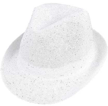 Maxtonser Karnevals-Hut mit Pailletten, Fedora-Hut für Erwachsene, Unisex, Maskerade, Karneval, Netzhut, Auftrittshut mit aufgerollter Krempe, Weiß