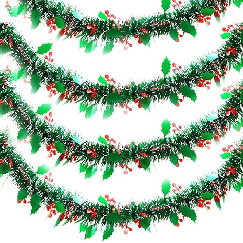 Ghirlanda natalizia con agrifoglio verde metallizzato, decorazione per albero di Natale, con bacche rosse, foglie di agrifoglio, per albero di Natale e feste (6 metri)