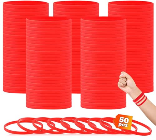 HONTIUS 50 Pezzi Braccialetti In Silicone, 0.24'' 6 mm di larghezza super stretto Braccialetti In Gomma, Vuoto Elastici di Gomma per per Adulti Uomo Donna Scuola Festa Fitness Corsa Sport Rosso