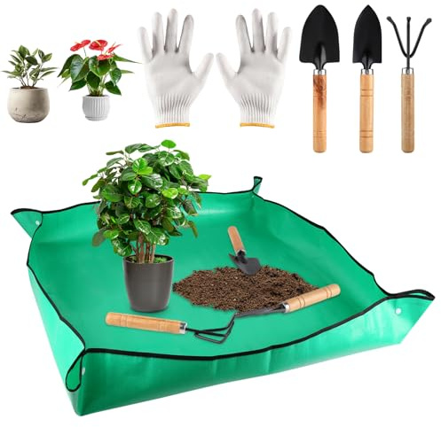 Pflanzmatte 100x100cm, wasserdichte Faltbare Gartenmatte mit Gartenwerkzeug | Lecksicher Faltbare Pflanzen Umtopfmatte, Grün PE Pflanzunterlage für Umtopf, Sukkulenten, Sämling
