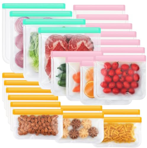 24 Pack Food Grade Reusable Freezer Bags(4 Gallon Bags + 10 Sandwich Bags + 10 Snack Bags) Reusable Ziplock Bags, BPA Free Extra Thick Leakproof Silicone & Plastic Free Zip-lock Bags