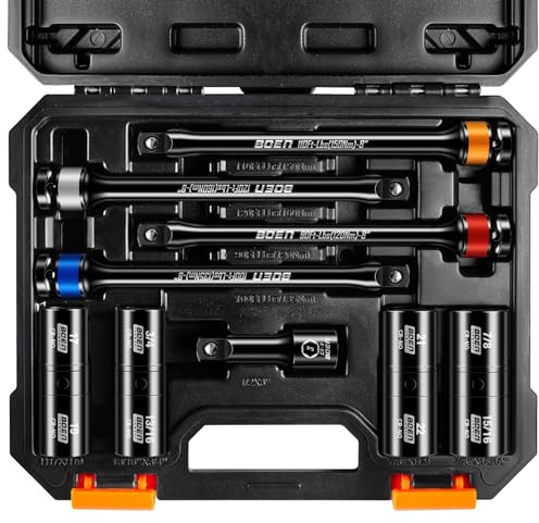 boen 9PCS 1/2 Drive Impact Torque Limiting Extension Bar And Flip Lug Nut Socket Set, 90 to 120 Ft-Lbs (120-160Nm), 8 Length Torque Sticks, Metric & SAE Double-Sided Sockets, Cr-Mo Impact Grade