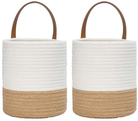 Sertay 2 Pezzi Cestini Parete Appendere, Cestino Parete Rotondo Contenitore, Cestini Piante Vaso, Cesto Portaoggetti Appeso, Design a Parete Aderisce al Muro per Risparmiare Spazio (Lino + Bianco)