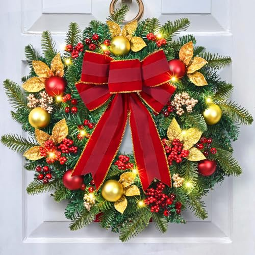 Yastouay 22 Christmas Wreaths for Front Door, Christmas Wreath with Lights Bow Christmas Ball Ornaments, Berries & Sparkling Leaves, Christmas Door Wreath for Home Wall Window Indoor Outdoor Decor