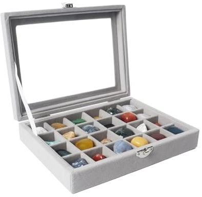 Dmnnlp Rock Vitrine, 24 Fächer Samt Rock Sammelbox, mineralien steine, Rock Display Case für Kleine Sammlerstücke, Fossil Kristalle, Edelsteine, Steine (Grau)