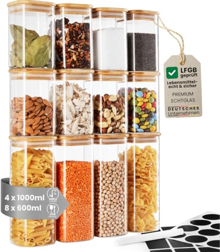 KIMIJO Vorratsgläser 12er Set - 4x 1000, 8x 600ml - eckig, luftdicht & stapelbar - LFGB geprüft & BPA-Frei - Borosilikatglas mit Bambusdeckel - Glasbehälter für Küche, Pasta, Müsli & Trockenfrüchte