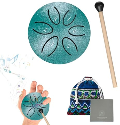 Tambour à langue en acier à 6 tons - Vert - 7,6 cm - Instrument de percussion manuel pour méditation, yoga et musique de plein air - Avec fonction tambour de pluie étanche