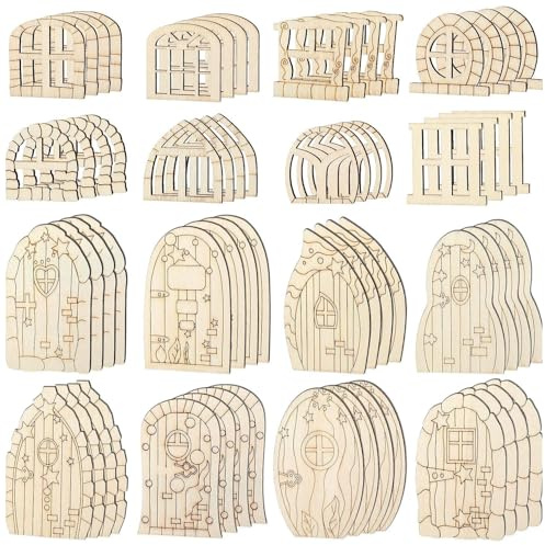 64 Stück feen türen aus holz, Mini Holz Feentüren, 16 Stile, Elfentür | Mini-Feenhaus, unlackierte Türen für Heimwerker, Für Heimdekoration, Wand, Party, Weihnachtsdekoration