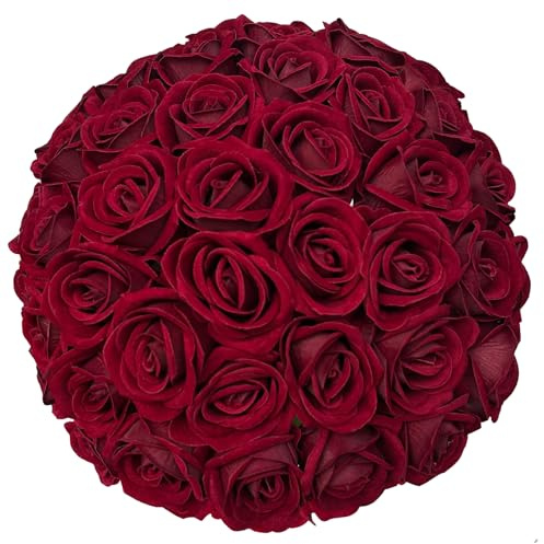 FagusHome 30 Stück Seide Rose Künstliche Blumen Rosen Bulk Bouquet Fälschte Blumen Rose Köpfe mit Stängeln für Home Hochzeitsdekor (Dunkel Rot)