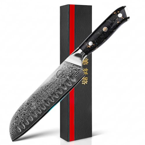 MIKORO Couteau Santoku Japonais 18 cm - Acier Damas 67 Couches Haute Teneur en Carbone - Couteau de Cuisine Professionnel Ultra Tranchant - Manche Ergonomique - Viande, Poisson et Légumes