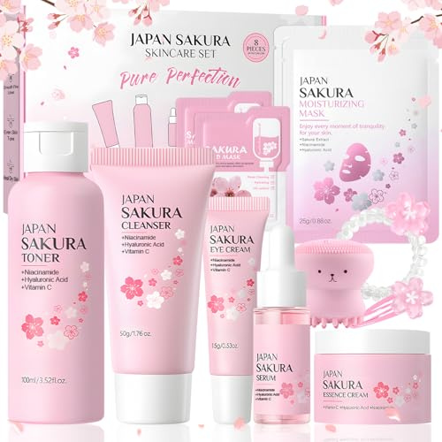 Set per la Cura Della Pelle Sakura, Skincare Kit, Kit Skincare Viso Completo 12 Pezzi, con Detergente, Tonico, Siero, Crema Viso, Crema Contorno Occhi, Maschera Viso, Regalo per Donne e Adolescenti