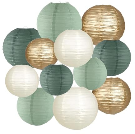 FRKOKRFA 12 Stück Vintage Papier Lampions in Salbeigrün, Gold und Elfenbein, Runde Papierlaterne Dekoration für Kommunion, Taufe, Hochzeit, Geburtstag & Gartenfest
