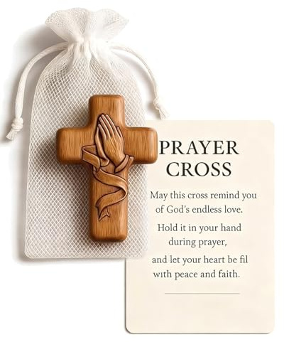 TBCDS Gebetskreuz Holz Handschmeichler 1 Stück - Christliches Geschenk für Trost, Taufe, Konfirmation, Firmung. Religiöses Holzkreuz mit Beutel & Gebetskarte.