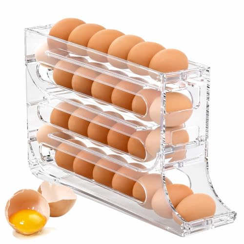 Huevera para 30 Huevos de 4 Niveles, Porta Huevos para Nevera Transparente, Organizador Huevos Nevera con Rodamiento Automático, Dispensador de Huevos Ahorrador de Espacio para Frigorífico y Cocina