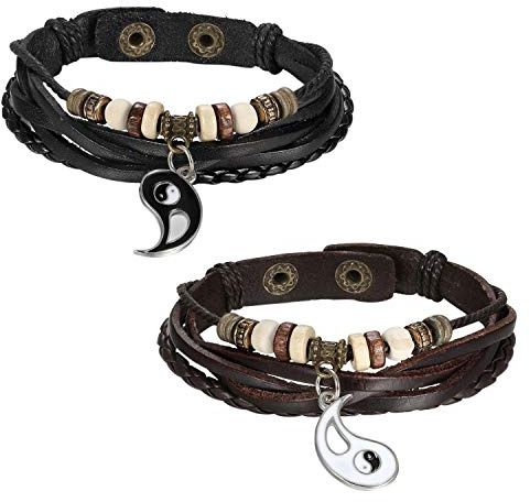 JewelryWe Schmuck Pärchen Armbänder Retro Tai Chi Yin Yang Stern geflochten Lederarmband Paare Armreifen Verstellbar Leder Freundschaftsarmband Partnerarmband für Herren Damen, Schwarz Braun Silber