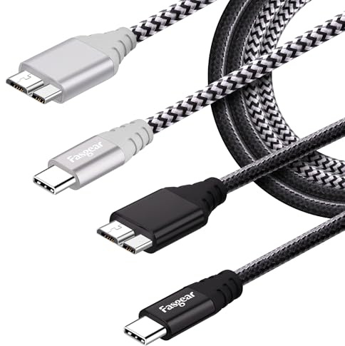 Fasgear Cable USB C a Micro B Conector de metal trenzado de nailon tipo C a Micro 3.0 Cable de carga rápida 5 Gbps Sync Compatible con Toshiba Canvio, Galaxy S5 Note 3 y más (30cm, Negro, Gris)