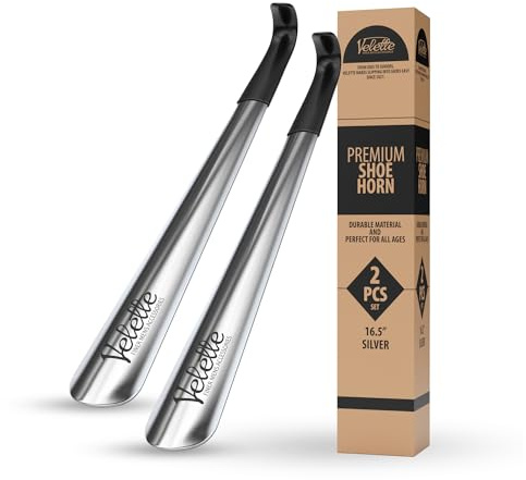 Velette Long Handled Shoe Horn - Set of 2, Long Shoe Horns for Boots - Metal Shoe Horn for Men, Women, the Elderly and Disabled - Silver