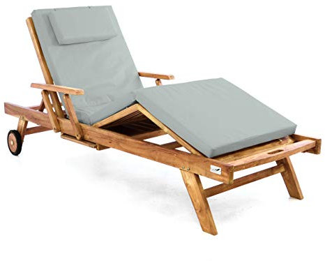 Divero Sonnenliege Holzliege Gartenliege Teak-Holz behandelt mehrfach verstellbar inkl. Räder Tablett + Liegen-Auflage 4-teilig wasserabweisend hellgrau