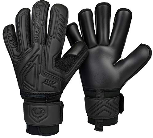 Renegade GK Fury Nightfall Goalie Gloves with Pro-Tek Finger Spines | 4mm Giga Grip & 4mm Duratek | Black Soccer Goalkeeper Gloves (Size 7, Youth, Roll Cut, Level 4)