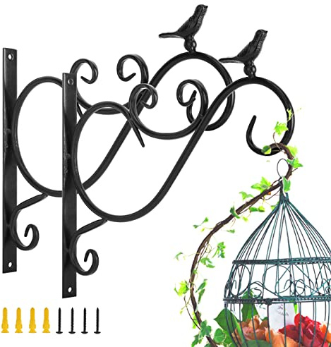 Lewondr Haken für Blumenampel, 2 Stück Retro Gusseisen Wandhaken Aufhänger Halterung mit Schrauben für Blumentöpfe Pflanzen Laternen Hängekörbe, Garten Balkon Zaun Außen Deko - Vögel 01, Schwarz