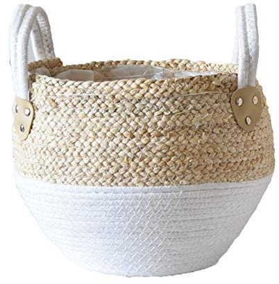 EUYIMOMO seegras Korb,Geflochtener Blumentopf aus Stroh, Rattan und Bambus, handgefertigter Korb, schmutziger Wäschekorb, aus Bambus gewebter Blumentopf, beige Medium