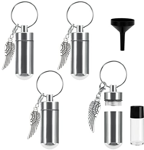 Belle Vous Llavero Plateado para Cremación/Funeral (Pack de 4) 4,9 cm - Llavero / Colgantes para Cenizas con Dije de Ala de Ángel - Joya Urna Cenizas para Recuerdos en Aleación de Aluminio