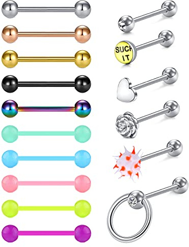 D.Bella Piercing para la Lengua 16mm Piercing en el Lengua de Acero Inoxidable en Forma de Corazón Flor Barras Rectas Lengua Pezón Piercing 16 Piezas