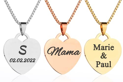 Herzkette mit Wunschgravur - Damen-Kette Namenskette mit Name oder Buchstaben Anhänger - Amulett in Herzform - Personalisierte Edelstahl Kette Herz Geschenk für Freuen Oma Freundin Mutter Schwester
