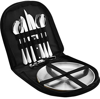 issdem Metal Camping Utensil Set, Camping Silverware Set for 2, Reusable Travel Cutlery with Case Include Knife Fork Spoon Dish and Beer Cap Opener