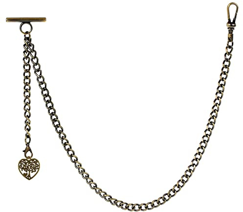 ZTA Albert Chaîne de montre gousset avec pendentif arbre de vie en forme de cœur avec fermoir pivotant en T, bronze, Rétro