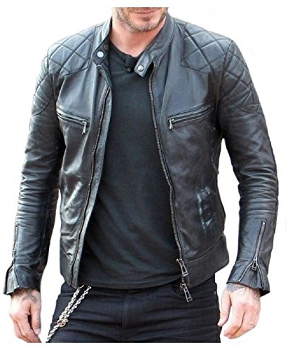 Aksah Fashion David Beckham Café Racer Biker Giacca da motociclista trapuntata in pelle nera, Nero , L