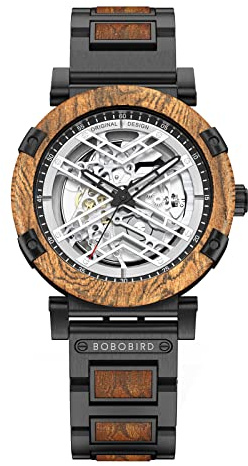 BOBO BIRD Automatische mechanische Herren-Armbanduhr, X-Serie, Retro-Luxus, 45 mm, Skelett, Edelstahl, Holz-Uhren, Braun, Mechanisch