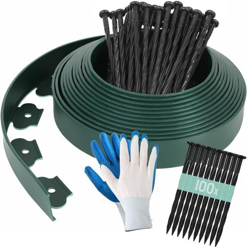 20M Rasenkante Kunststoff, Flexible Beeteinfassung, Lawn Edging, mit 100 Erdanker + 1 Paar Handschuhe, Höhe 5cm Beetbegrenzung Kunststoff, Gartenzaun, Rasenkanten, Grün Mähkante, Rasenkantenband