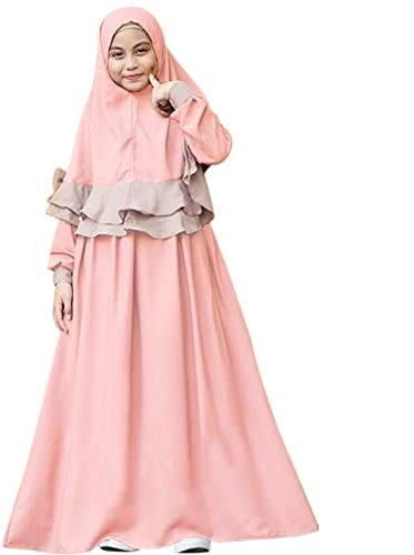 OBEEII Muslimisches Kleidung Set für Kinder Mädchen Islamische Abaya Langarmkleid mit Hijab 2 Stück Outfits Naher Osten Dubai Arab Ramadan Corban Traditionelle Kleidung Rosa B 7-8 Jahre