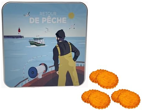 Atelier D® | Latta Metallo Biscotti al Burro Assortiti | Frollini Burro e Sale | Galettes e Palets al Burro - 200 Gr | Latta Metallo Disegni Pesca dall'Oceano