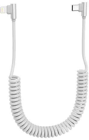 USB C auf Lightning Spiralkabel iPhone Ladekabe MFi Zertifiziert 90° Stecker Kurz Spiral Kabel mit Datenübertragung für Apple Carplay Auto, Tragbares Anti-Tangle Handyzubehör 90 Grad Winkel, Weiß