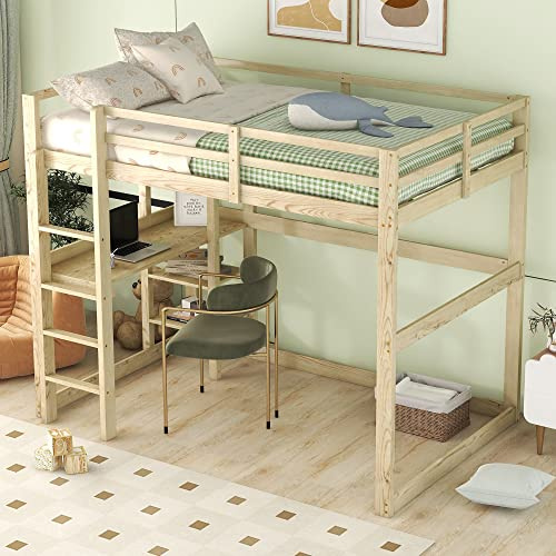 KecDuey Hochbett 140 x 200cm,Kinderbett, Bettgestell mit Stauraum, komplett aus Kiefer, mit 4 Ablagefächern und Einer Schreibtischplatte für Jungen und Mädchen (Natur)