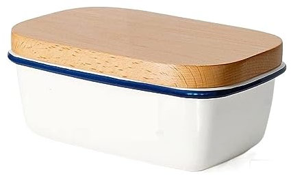 MIFANI Butter Dish Butter Enamel Storage Box with Wooden Lid Square Enamel Butter Box Cheese Box Storage Enamel Box Butter Container Storage