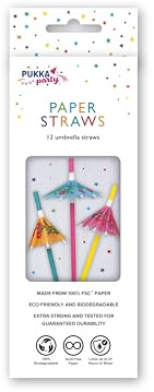 PUKKA party Umbrella Paper Drinking Straws – 12 Pack – Extra Strong and Durability Tested, Lasts Up to 24 Hours in Water – Made from 100% FSC Paper, Eco Friendly and Biodegradable