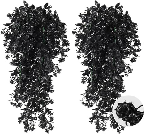 RECUTMS Black Artificial Hanging Flowers Plants for Room Wall Decor 2Pcs | Faux UV Resistant Plastic Trailing Eucalyptus Greenery Plants, ideal for Indoor Outdoor Home Bedroom Balcony Window Garden